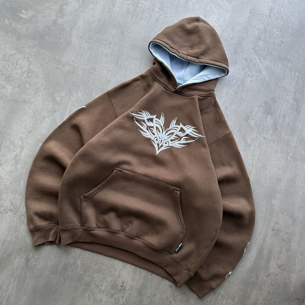 VTG 90s Y2K Silver Point Brown Grunge Tribal Hoodie Embroidered Sz XL (M/L fit)